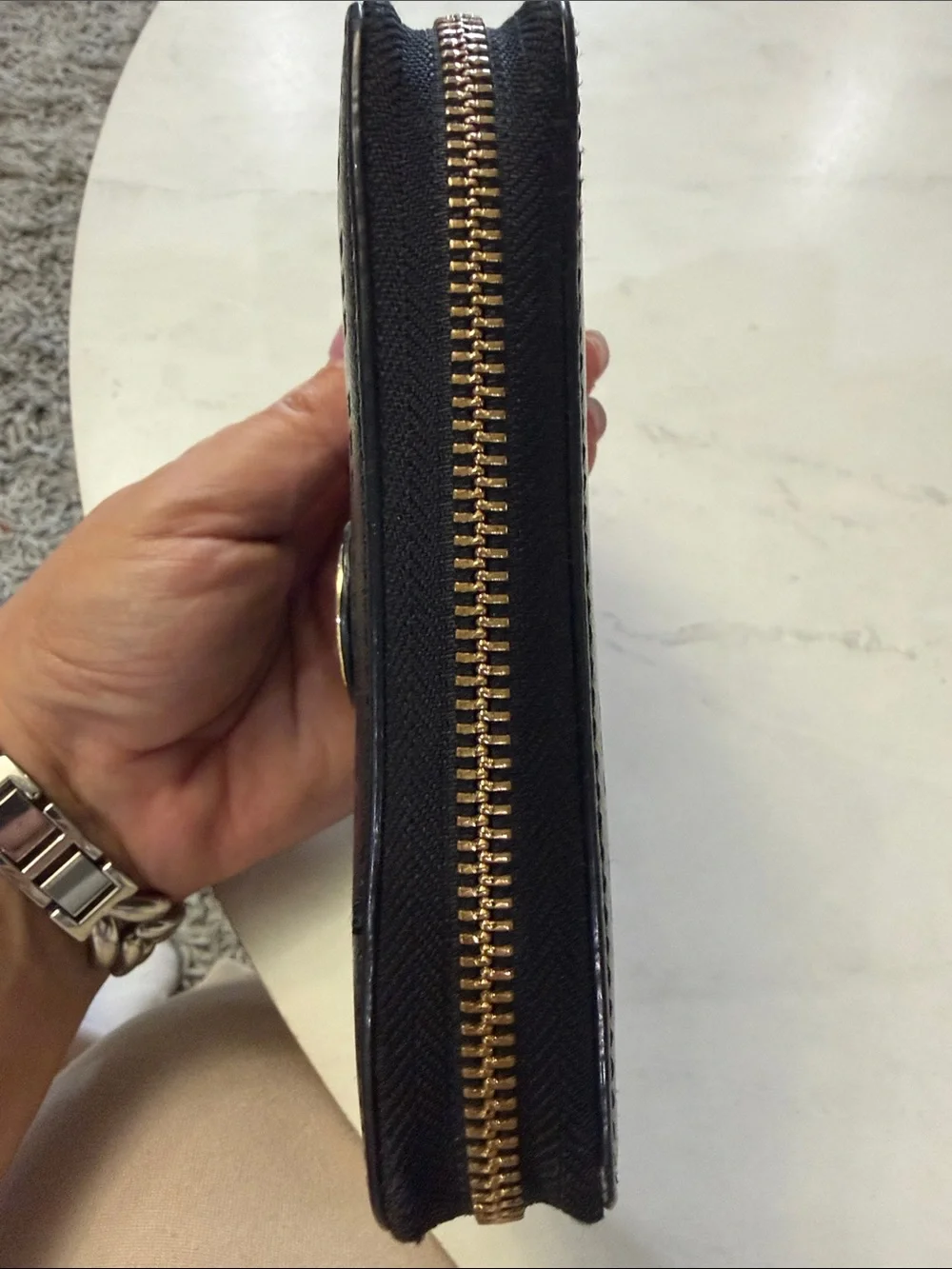 Tory Burch Black Perforated Zip Phone Wallet with Gold Logo